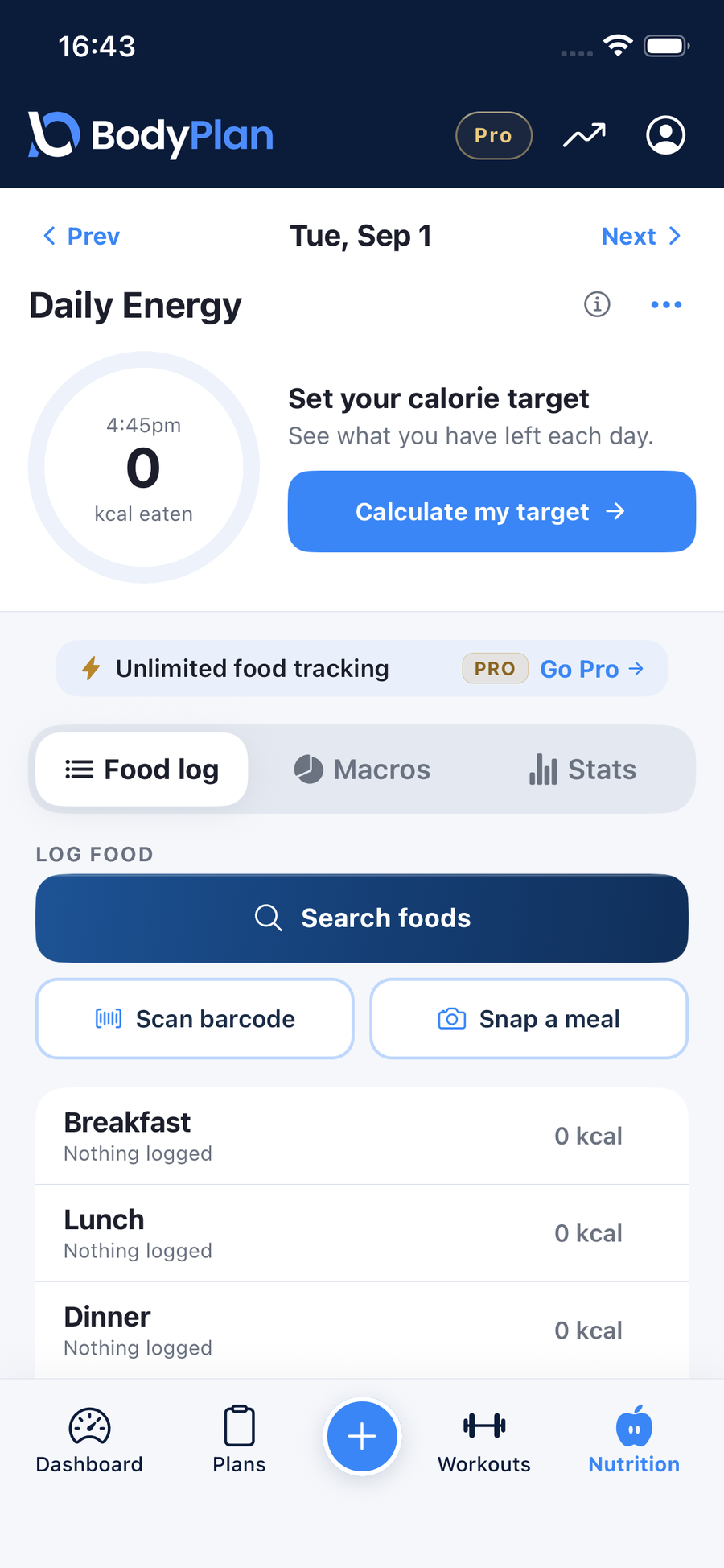 BodyPlan nutrition tracking with daily calories and macros