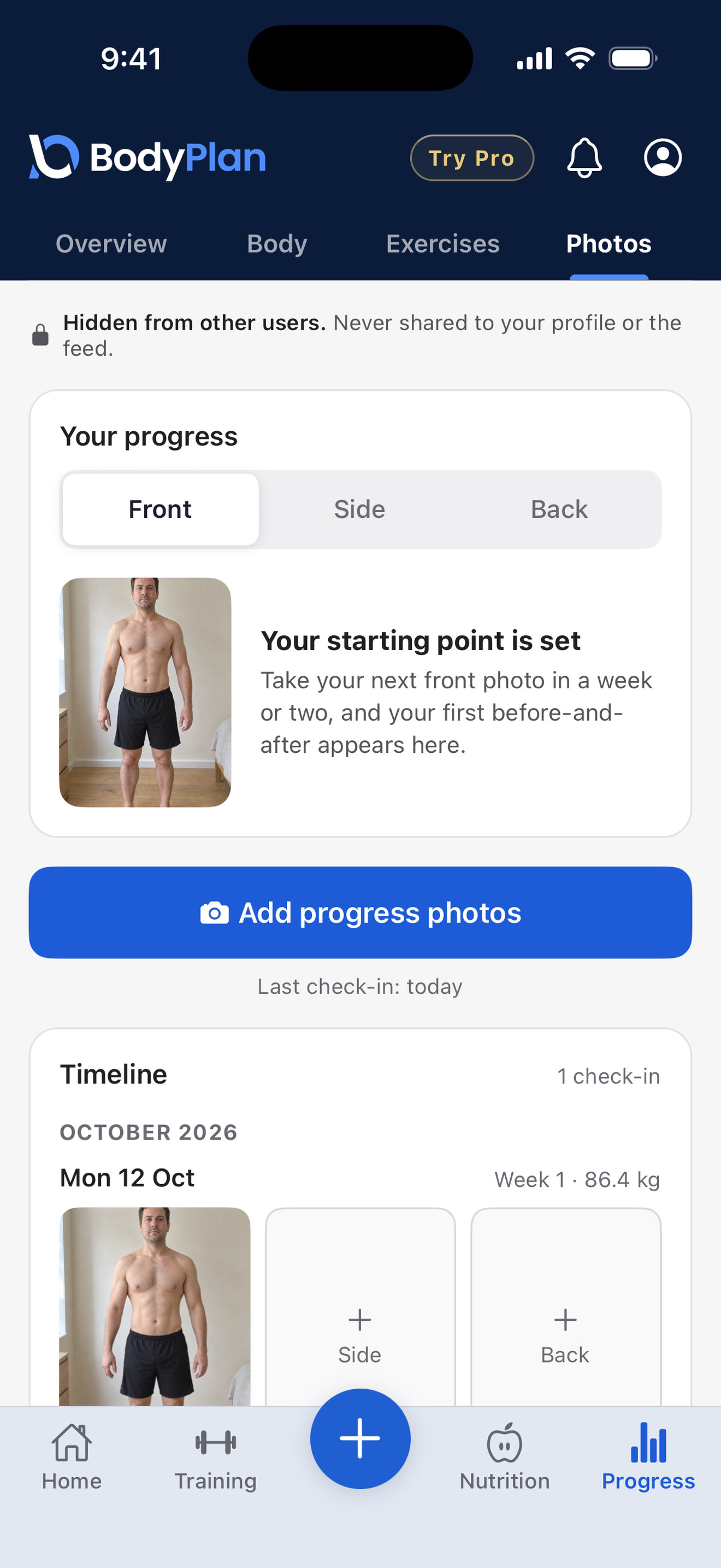Progress photos: a private day-one photo, with front, side and back check-ins to come